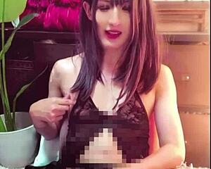 black-haired crossdressing ladyboy masturbates quietly in public toilet