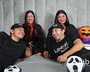 a hot foreplay game before couples share wives for first time group 4some blowjobs big cocks