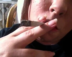 Tina snua's bbw curves shine while smoking cork cig with snap inhales double pumps and nose exhales