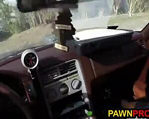 Bimbo pawns her junky car then spreads pussy for shop group bang