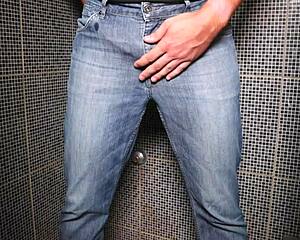dude soaks jeans peeing then blasts cumshot right there outdoors