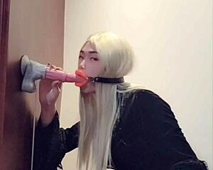 big dick shemale in fishnets heels strokes legs wide for hot cum