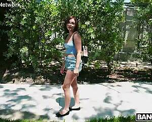 brunette nerd loses virginity with shaved pussy creampie after blowjob