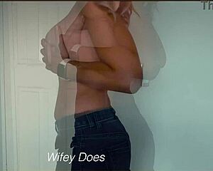 Busty Blonde Milf Wife Strips Denim Shorts Revealing Huge Tits