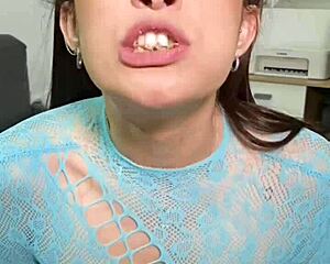 Brunette with pigtails and natural tits eats junk food then spits it out in fetish play