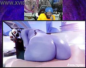 juri han gives femshep blowjob before widowmaker cowgirl rides tight pussy backshot