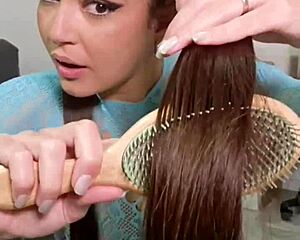 Brunette with pigtails and natural tits eats junk food then spits it out in fetish play