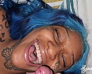 Petite ebony babe with big natural tits rides big black monster cock in humiliating pov fuck