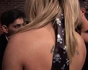 horror shop teen in lingerie gets bent over for group spit roasts cumshots everywhere