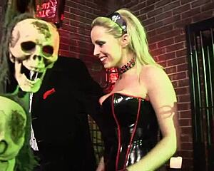 horror shop teen in lingerie gets bent over for group spit roasts cumshots everywhere