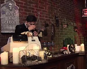 horror shop teen in lingerie gets bent over for group spit roasts cumshots everywhere