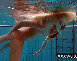 Milana and Katrin rip bikinis stripping nude underwater at beach pool