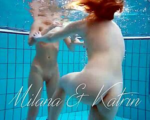 Milana and Katrin rip bikinis stripping nude underwater at beach pool
