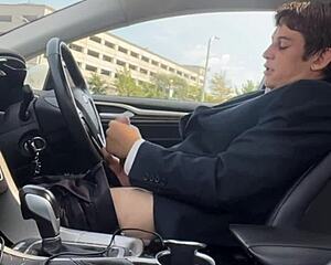 Whoa stroking this monster cock bulging in the car!