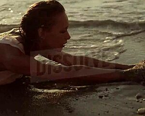blonde russian on beach with wet see-through bra nipples showing salt skin