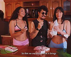 Two latinas cum hard from vibrators at wild party