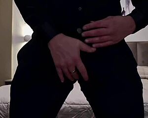 Stepmom's epic long handjob in black dress wet cock closeup explosion