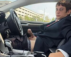 Whoa stroking this monster cock bulging in the car!