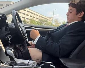 Whoa stroking this monster cock bulging in the car!