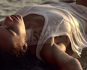 blonde russian on beach with wet see-through bra nipples showing salt skin