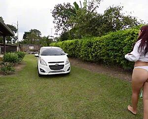 Hot Colombian women like Melany wash cars then dive into threesomes doggystyle and cowgirl rides