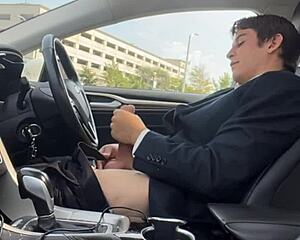 Whoa stroking this monster cock bulging in the car!