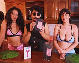 Two latinas cum hard from vibrators at wild party