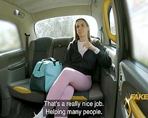 Female taxi driver trades massage for free ride with backseat lesbian scissoring