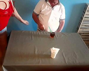 Naked curvy waitress serves juicy pussy meal from navel to horny restaurant guest