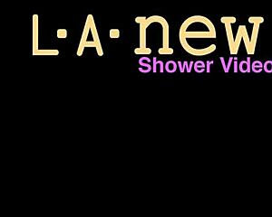 blonde model hopeful steps into the shower