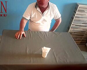 Naked curvy waitress serves juicy pussy meal from navel to horny restaurant guest