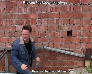 Brunette joins two guys for cash outdoor blowjob and facial adventure