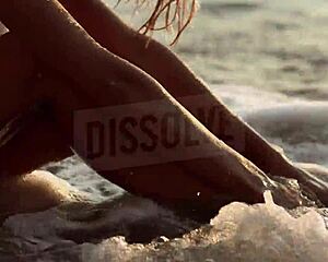 blonde russian on beach with wet see-through bra nipples showing salt skin