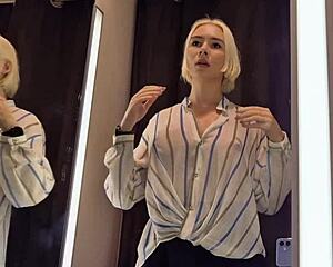 big tits slip into sexy see-through dressing room outfit