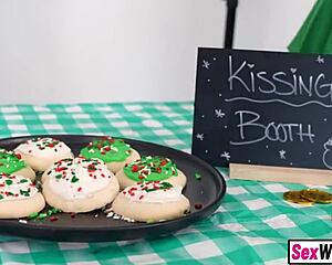 Naughty stepsis lures stepbro to kissing booth for taboo blowjob and pussy fuck