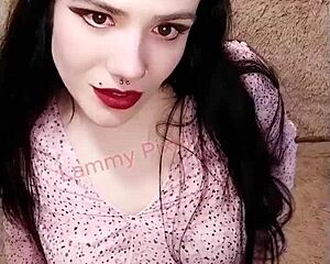 Horny brunette Lammy Pixel teases in stockings as submissive girl next door craving cum