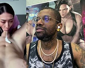 trans punk babe spits on girlcock, cums hands free in tight asian throat