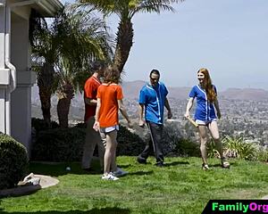 stepdad teaches teen baseball then family orgy with licks and rides