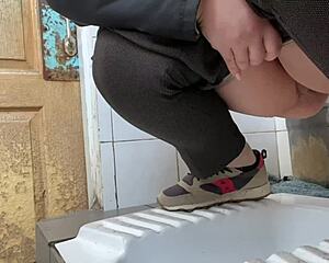 mature milf sneaks into hospital toilet and pees her wet hairy pussy right there in public... so dirty