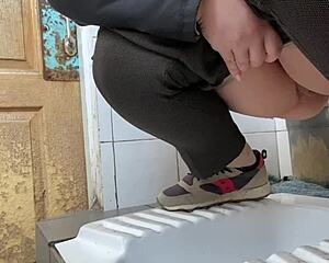 mature milf sneaks into hospital toilet and pees her wet hairy pussy right there in public... so dirty