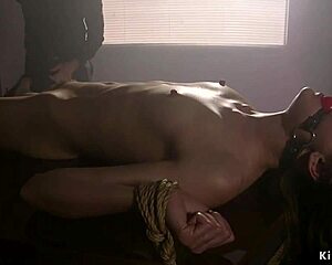 lawyer binds slim brunette tight for brutal whipping session