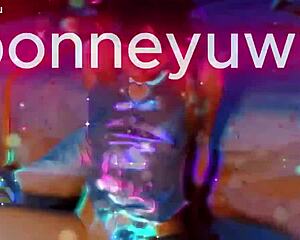 Bonneyuwu argentina teen puta masturbates on bed with see thru dildo
