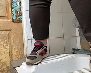 mature milf sneaks into hospital toilet and pees her wet hairy pussy right there in public... so dirty