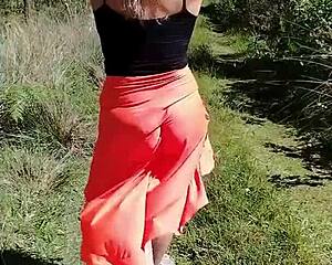 Mischievous stepmom flashes see-through undies and big ass publicly in forest pt01