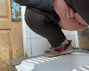 mature milf sneaks into hospital toilet and pees her wet hairy pussy right there in public... so dirty