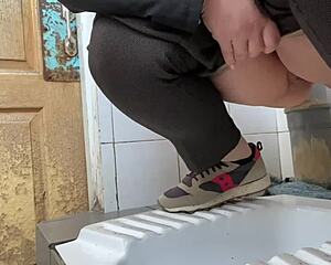 mature milf sneaks into hospital toilet and pees her wet hairy pussy right there in public... so dirty