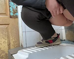 mature milf sneaks into hospital toilet and pees her wet hairy pussy right there in public... so dirty