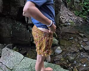 perfect athletic brunette bunny undresses fingers shaved pussy orgasms public outdoor