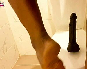 yo, check this ugly tattooed babe's golden shower dildo play