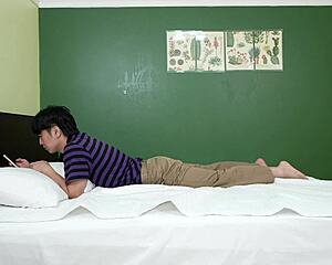 a korean bride's sensitive feet get licked in stockings on her wedding bed